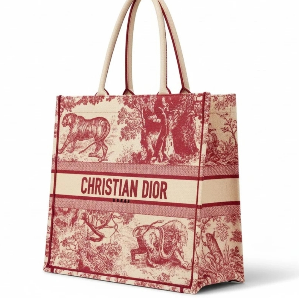 Dior Red and Cream Straw Tote Bag